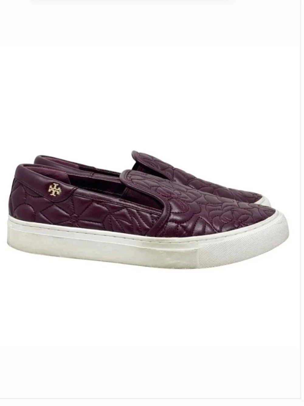 Tory Burch Sela Burgundy Floral Quilted Leather Slip On Sneakers size 6
